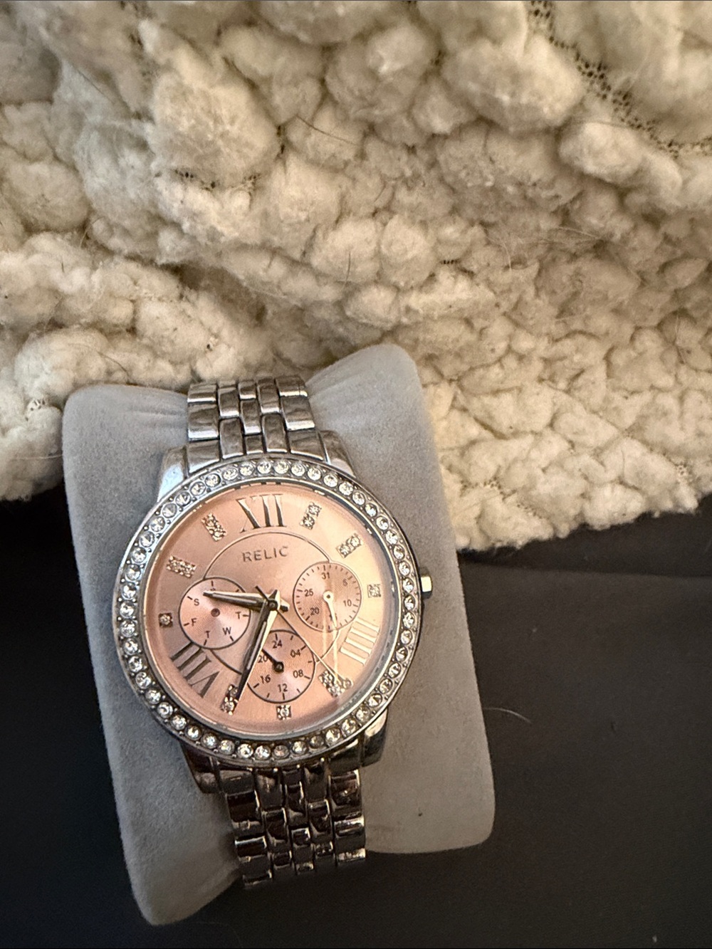 Relic Silver Bracelet Watch with Rose Gold Dial and Crystal Accents